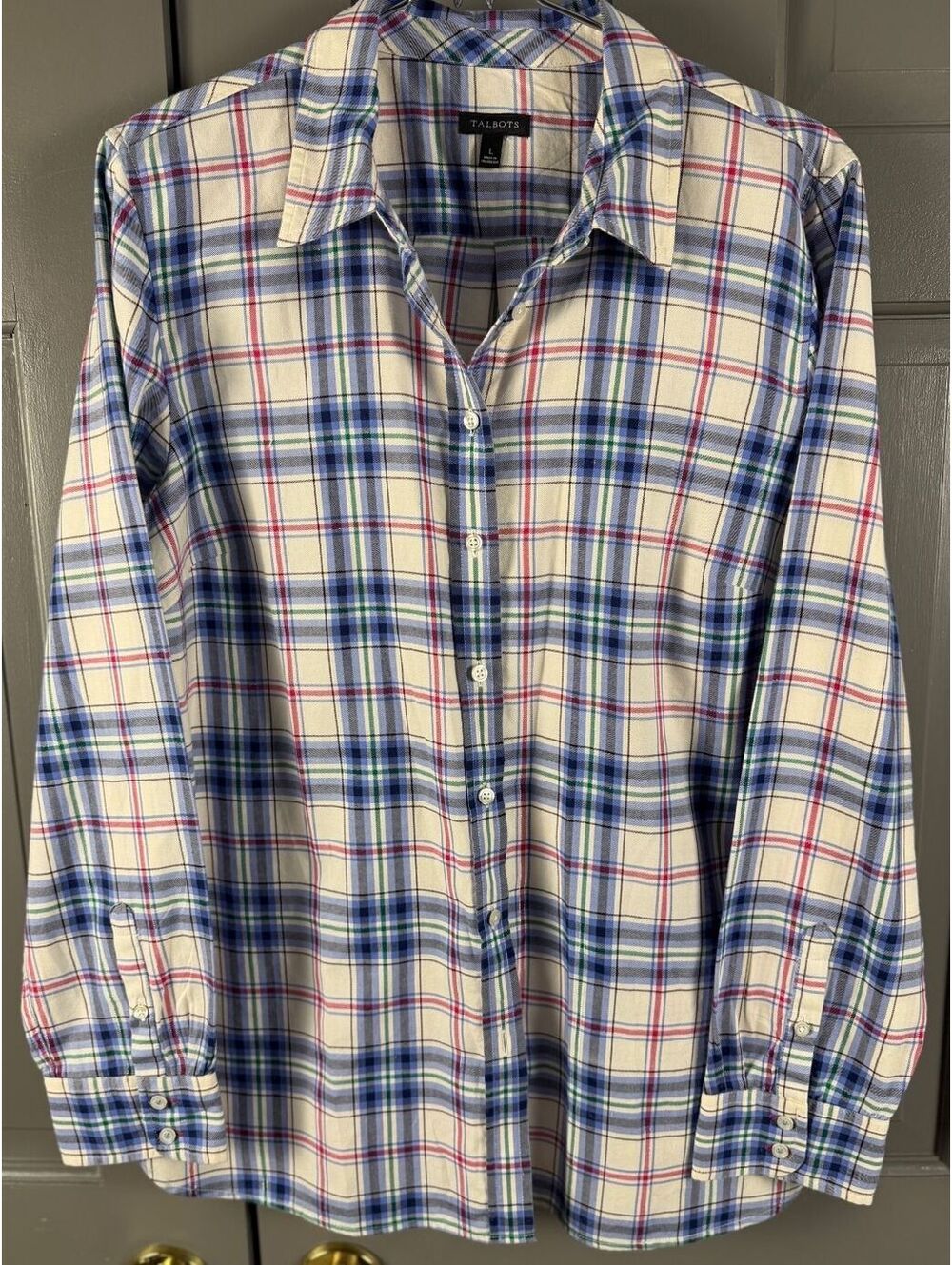 Talbots Classic Women's Cotton Plaid Button Down Blue Metallic Shimmer Sz L